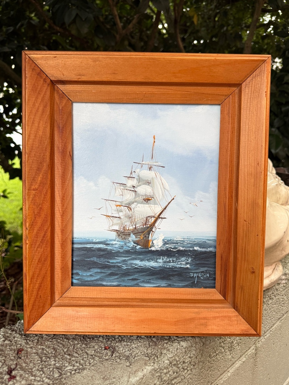 Vintage Sailing Ship Oil Painting Signed Hewett R Jackson
